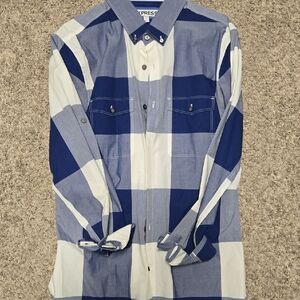 Express Men’s Navy and White Large Check Button-Down Shirt